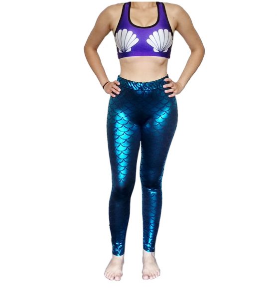 Conjunto Top com Bojo Conchas e Calça Legging em Lamê Metalica Escamas Sereia Azul