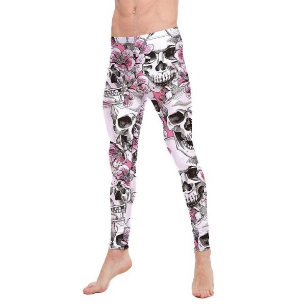 Calça Megging Legging Masculina Estampada em Lycra Metalizada Caveira com Flores Cor de rosa