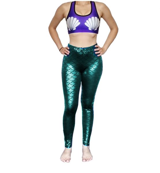 Conjunto Top com Bojo Conchas e Calça Legging em Lamê Metalica Escamas Sereia Verde