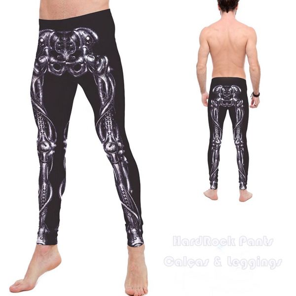 Plus Size - Calça Megging Legging Masculina Estampada em Lycra Metalizada Esqueleto Ossos Preta
