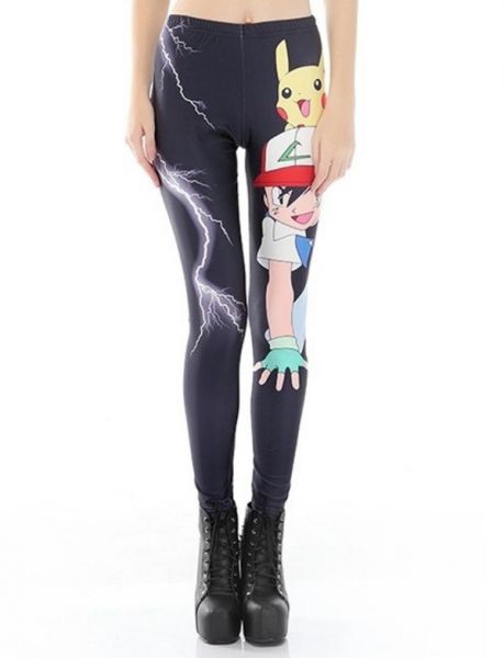 Calça Legging Modeladora Cintura Alta Estampada em Lycra Metalizada Pokemon Pikachu Ash Geek